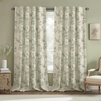Boho Floral 100% Blackout Curtains 84 Inch 2 Panels Linen Texture