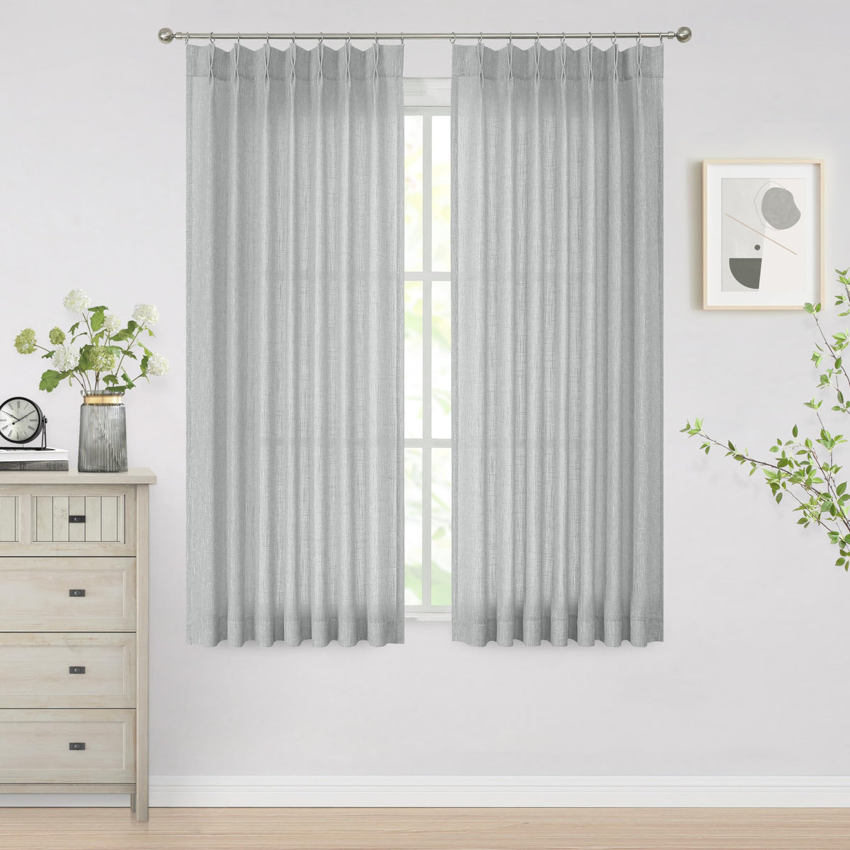 Vision Home Natural Linen Pinch Pleated Semi Sheer Curtains 42Wx90Lx2