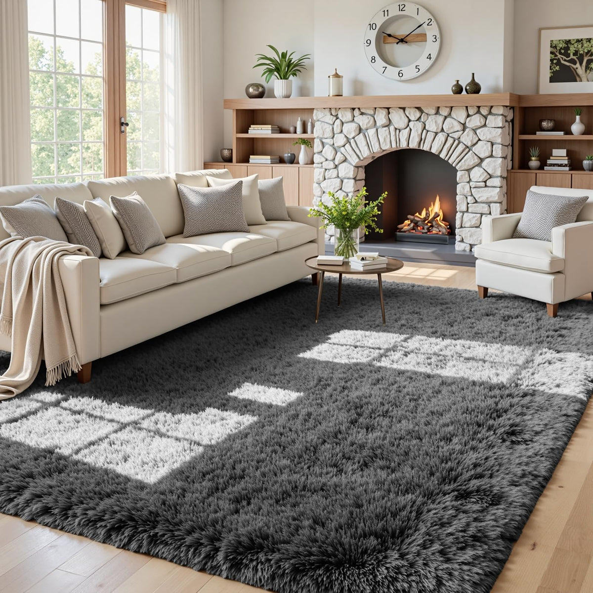 8x10 Fluffy Shag Area Rugs for Living Room Bedroom: Soft Plush Carpet Grey