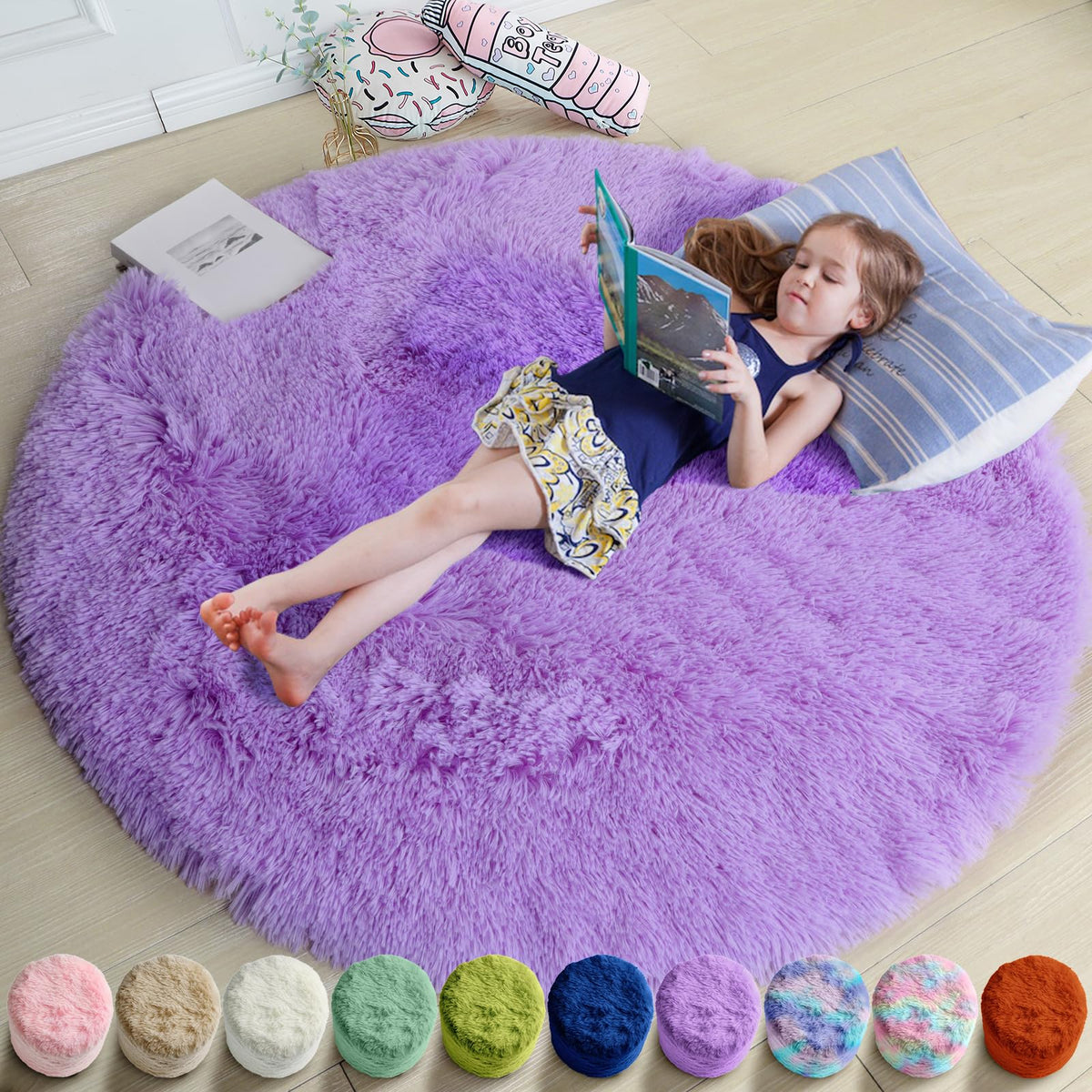 Amdrebio Pink Circle Round Fluffy Area Rug 4Ft for Girls Bedroom Kids Room