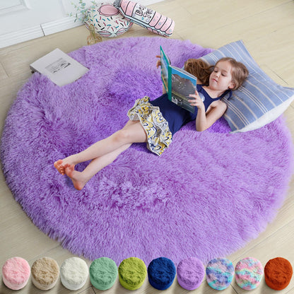 Amdrebio Pink Circle Round Fluffy Area Rug 4Ft for Girls Bedroom Kids Room
