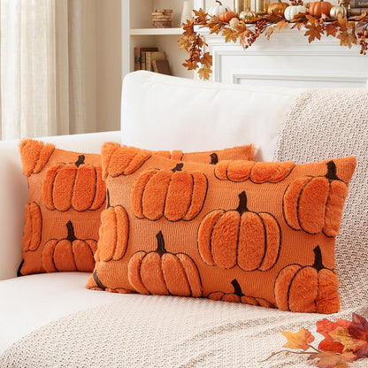 Artscope Fall Pumpkin Throw Pillow Covers 18x18 Set of 2, Autumn Soft Plush Faux Fur Decoration Cushion Covers for Thanksgiving & Halloween Couch Sofa Bedroom Home Decor-Rust