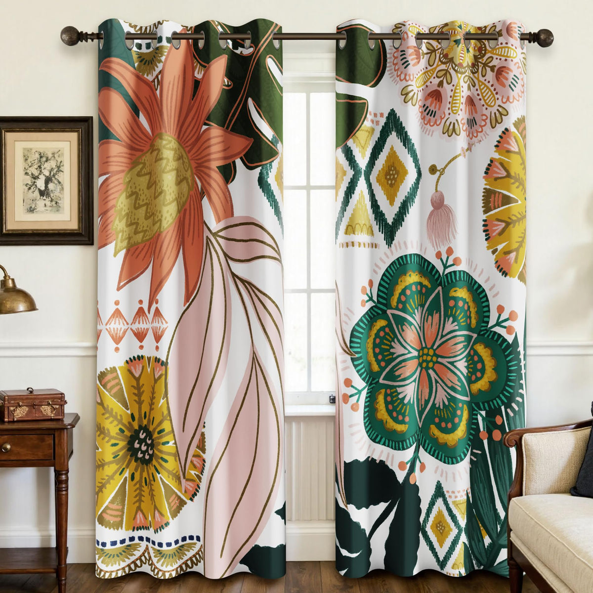 Tyrot Black Boho Floral Grommet Blackout Curtains, 52W x 84L, 2 Panels