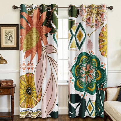 Tyrot Black Boho Floral Grommet Blackout Curtains, 52W x 84L, 2 Panels
