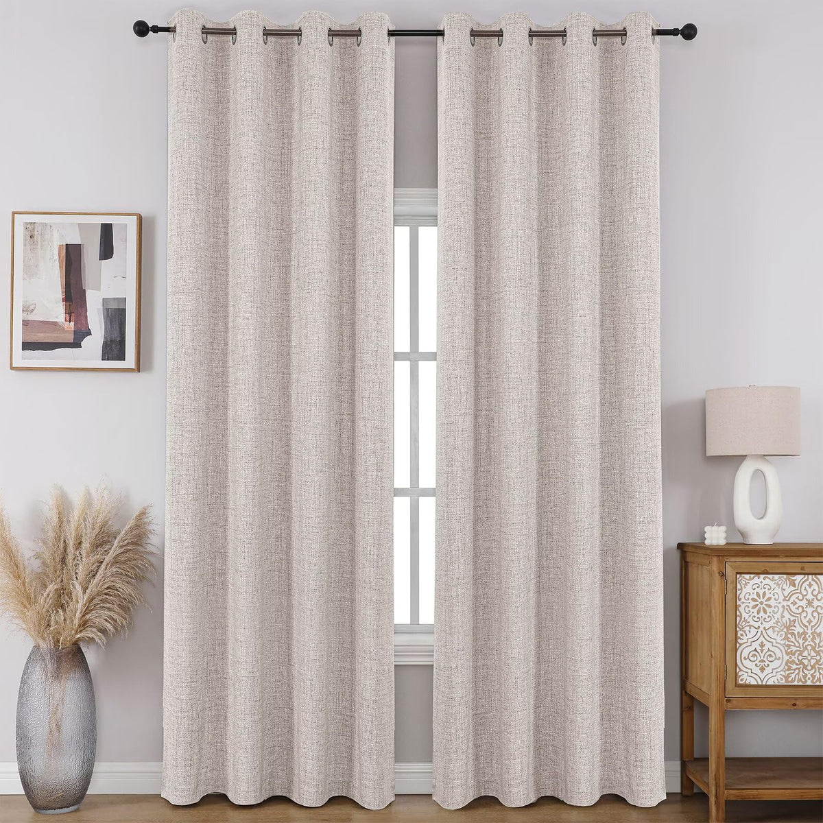 CUCRAF 100% Blackout Window Curtains 84 inches Long 2 Panels Set, Faux Linen Look Thermal Insulated Grommet Drapes, Room Darkening Curtain for Bedroom Living Room(W52 x L84 Inch, Light Khaki)