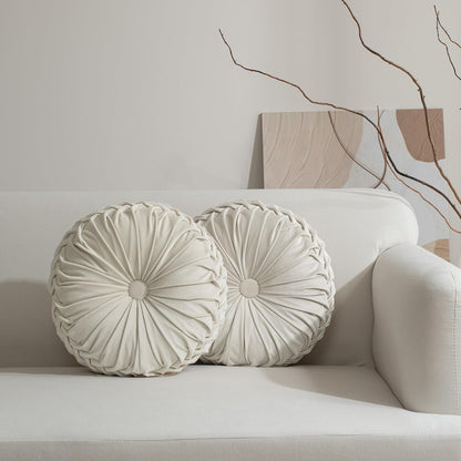 HIG Set of 2 Beige Velvet Decorative Round Pleated Throw Pillows