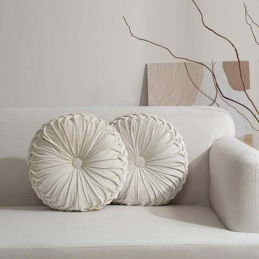 HIG Set of 2 Beige Velvet Decorative Round Pleated Throw Pillows