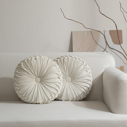 HIG Set of 2 Beige Velvet Decorative Round Pleated Throw Pillows