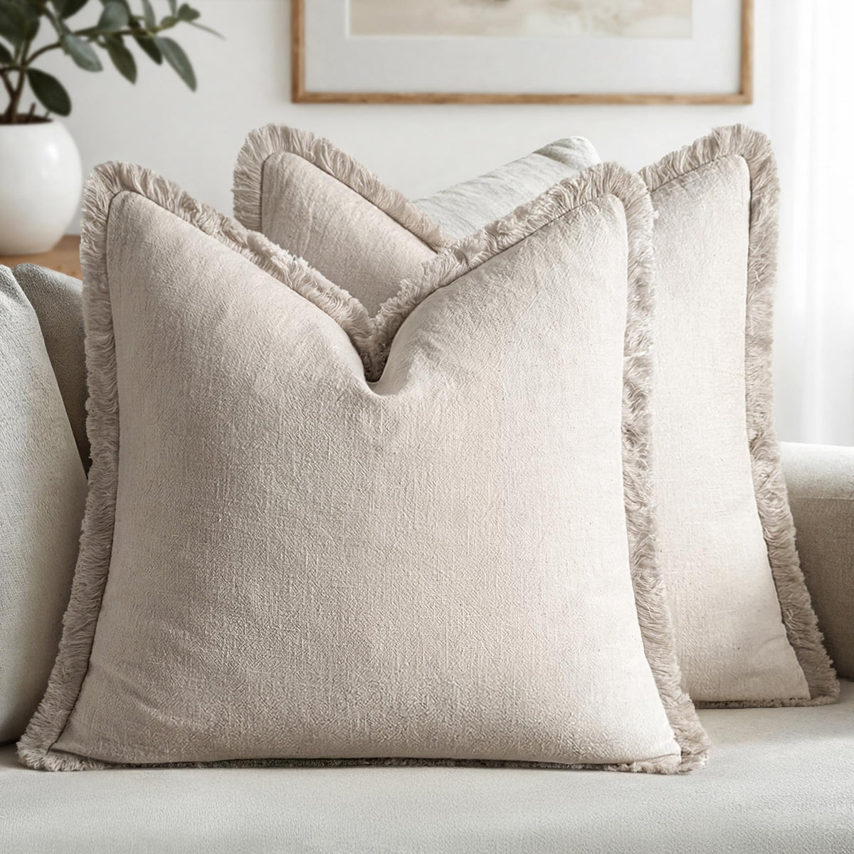 MIULEE Linen Fringe Decorative Fall Throw Pillow Covers Cocoa Brown 18x18
