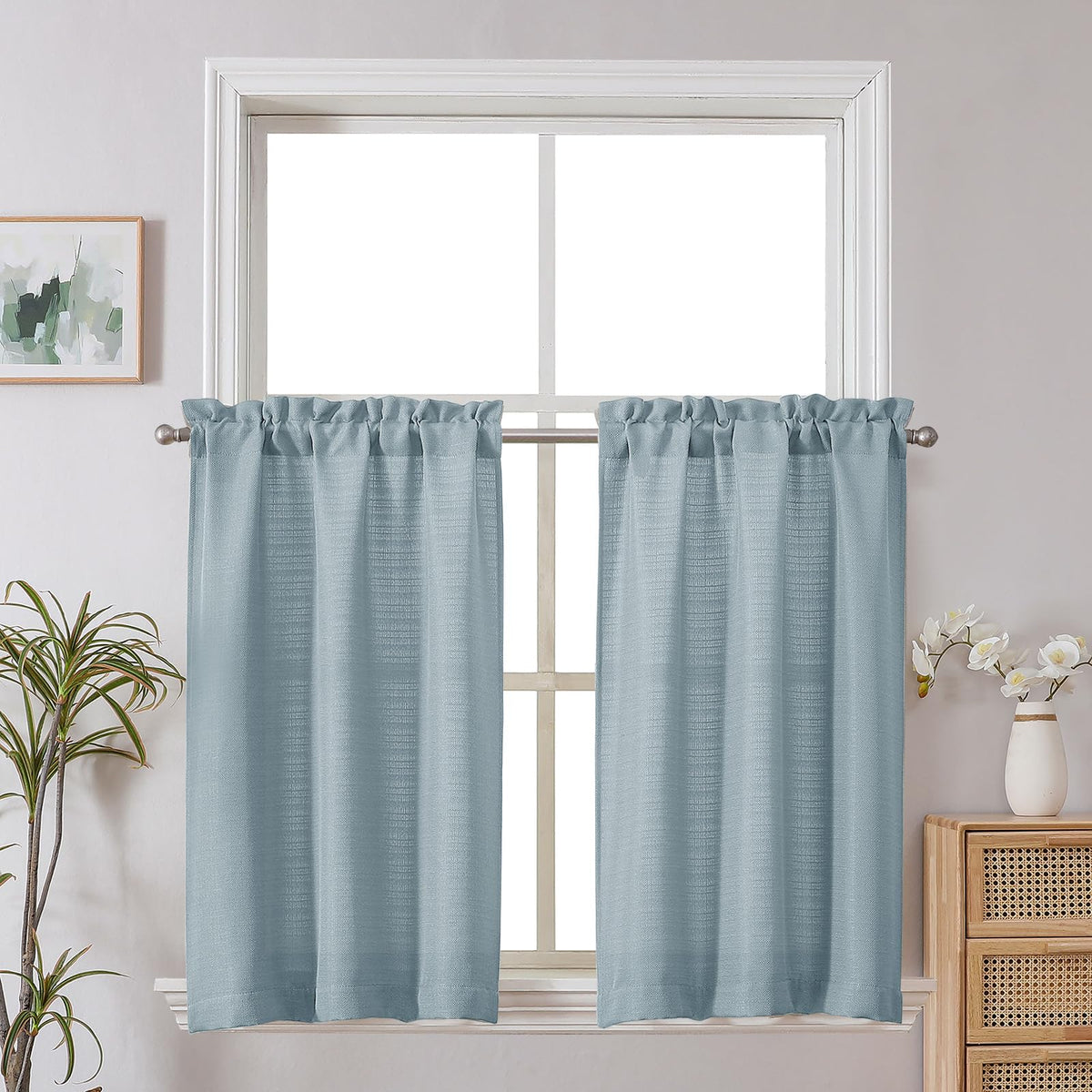 Chyhomenyc White Curtains 45 Inch Length 2 Panels, Faux Linen Textured