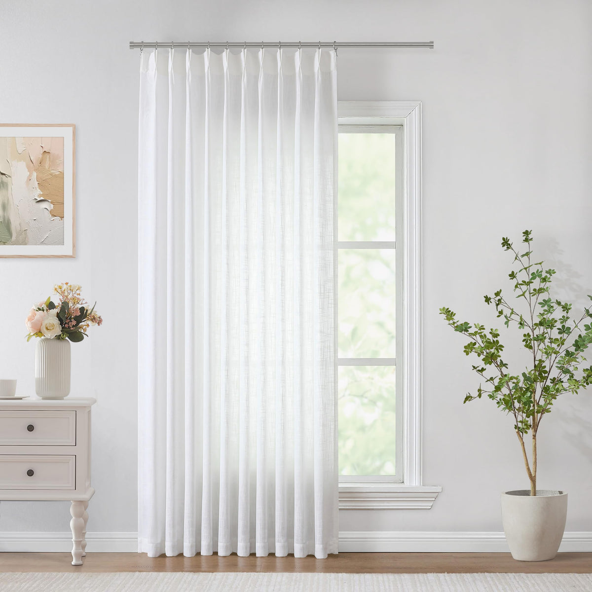 Vision Home Natural Linen Pinch Pleated Semi Sheer Curtains 42Wx90Lx2