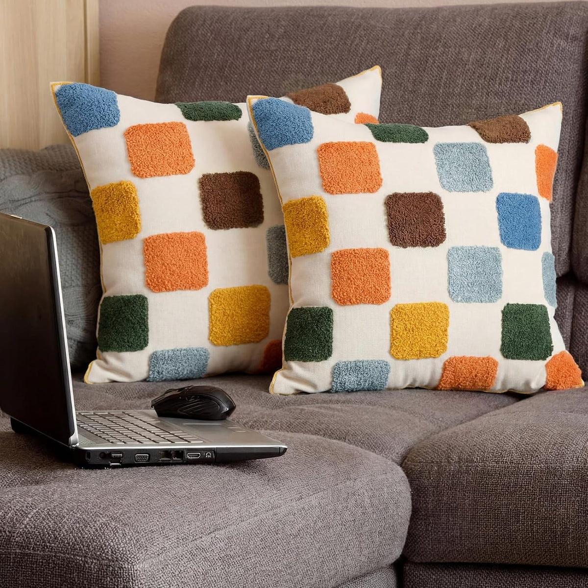Mindsoft 2 Pcs Embroidered Throw Pillow Covers 18x18,Geometric,Colorful
