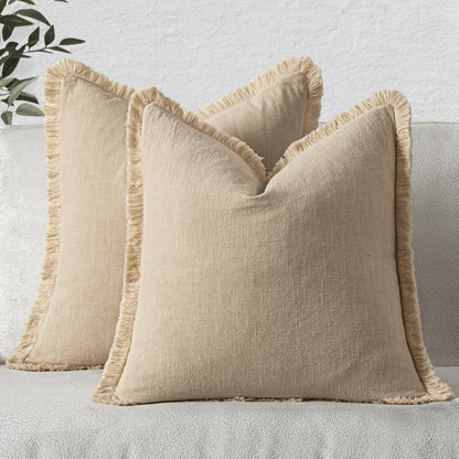 MIULEE Linen Fringe Decorative Fall Throw Pillow Covers Cocoa Brown 18x18