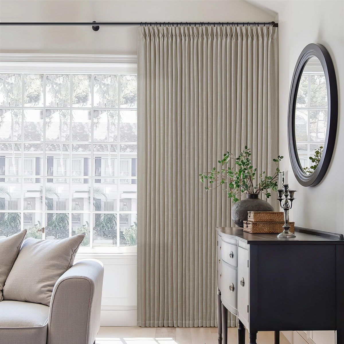 TWODRAPES Natural Pinch Pleated Linen Semi Sheer 84 Inch Curtains 2 Panels