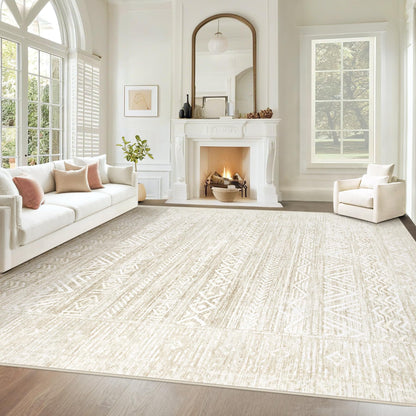 Living Room Rugs 8x10: Washable Moroccan Geometric Boho Rug Farmhouse Non Slip Stain Resistant Large Rug Low Pile Soft Carpet for Bedroom Dining Room Children Room (Beige,8'x10')