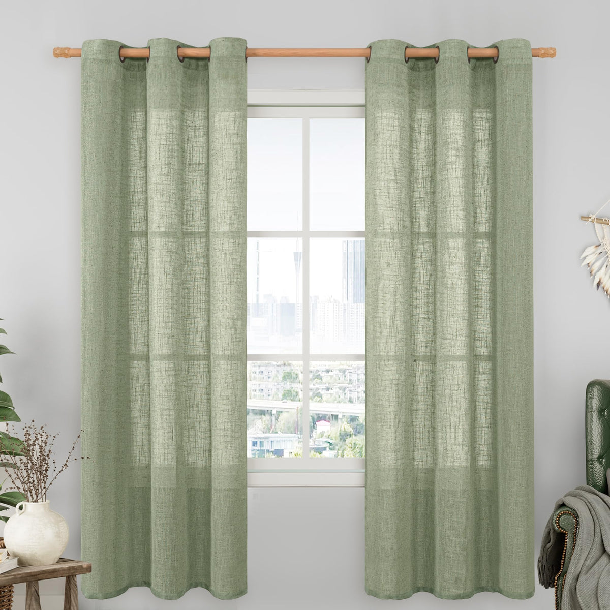 LAMIT Cream Ivory Linen Semi Sheer Curtains 84 inch Length for Bedroom