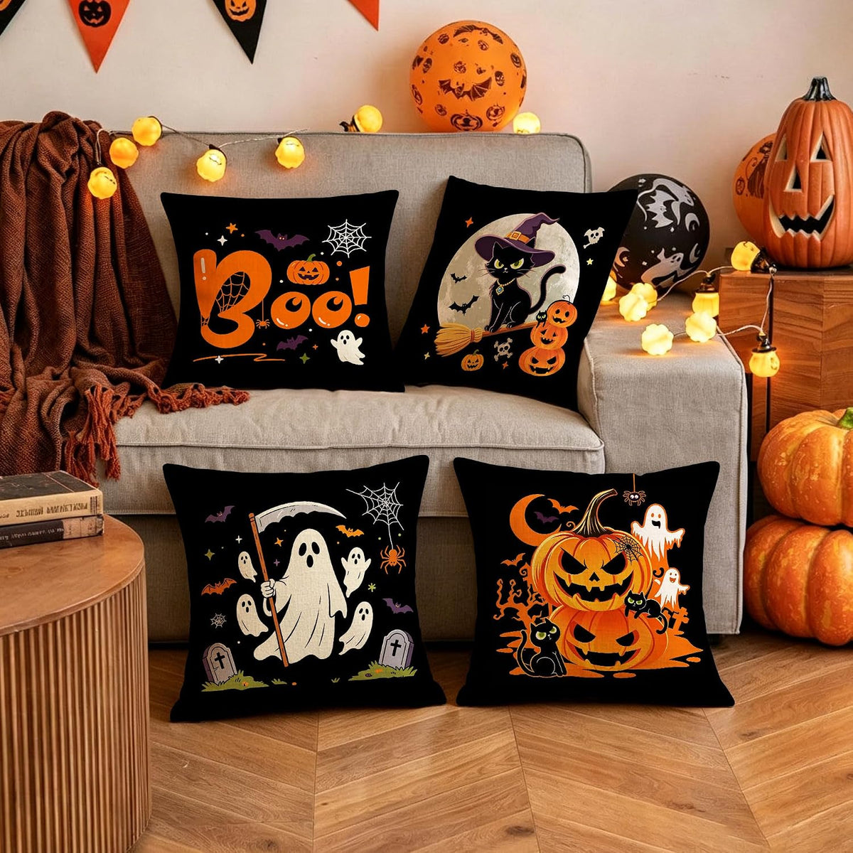 Halloween Decor Gifts Throw Pillow Covers 18x18 Set of 4 Boo Cat Ghost Pumpkin Decorative Pillow Covers Spooky Cushion Case Decoration for Famly Farmhouse Sofa Couch (Halloween)