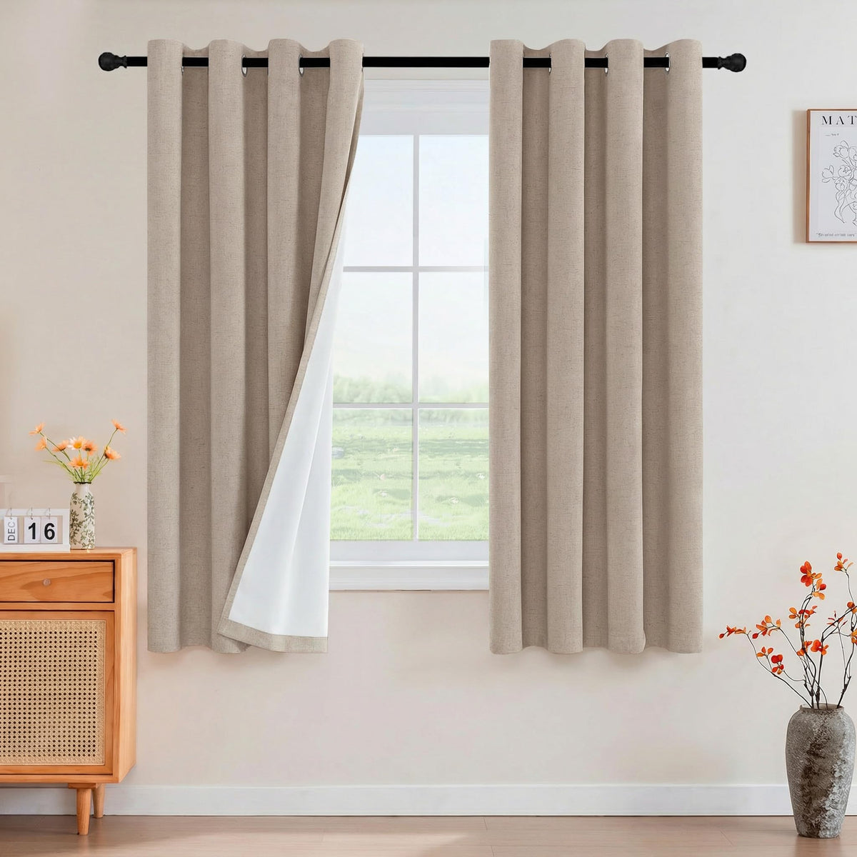 PrinceDeco Natural Linen Curtains 100% Blackout Linen Curtains for Bedroom Full Blackout Curtains 84 Inches Long Living Room Thermal Insulated Light Blocking Curtain Drapes White Backing, 2 Panels