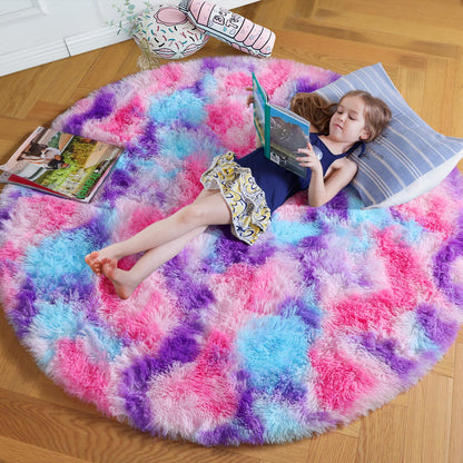Amdrebio Pink Circle Round Fluffy Area Rug 4Ft for Girls Bedroom Kids Room