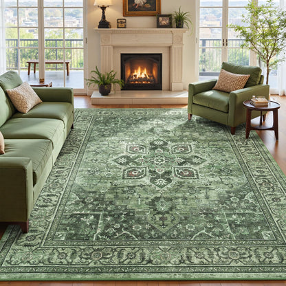 Sage Green 8x10 Area Rug for Living Room, Vintage Boho Large Carpet