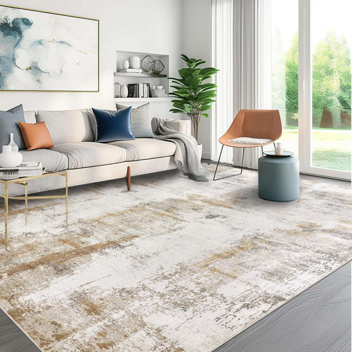 famibay 5x8 Area Rug, Abstract Washable Rugs for Living Room Low Pile Neutral Area Rug for Bedroom Aesthetic Non Slip Rubber Backed Carpet Rugs for Living Room Bedroom Dining Room(Beige/Camel)