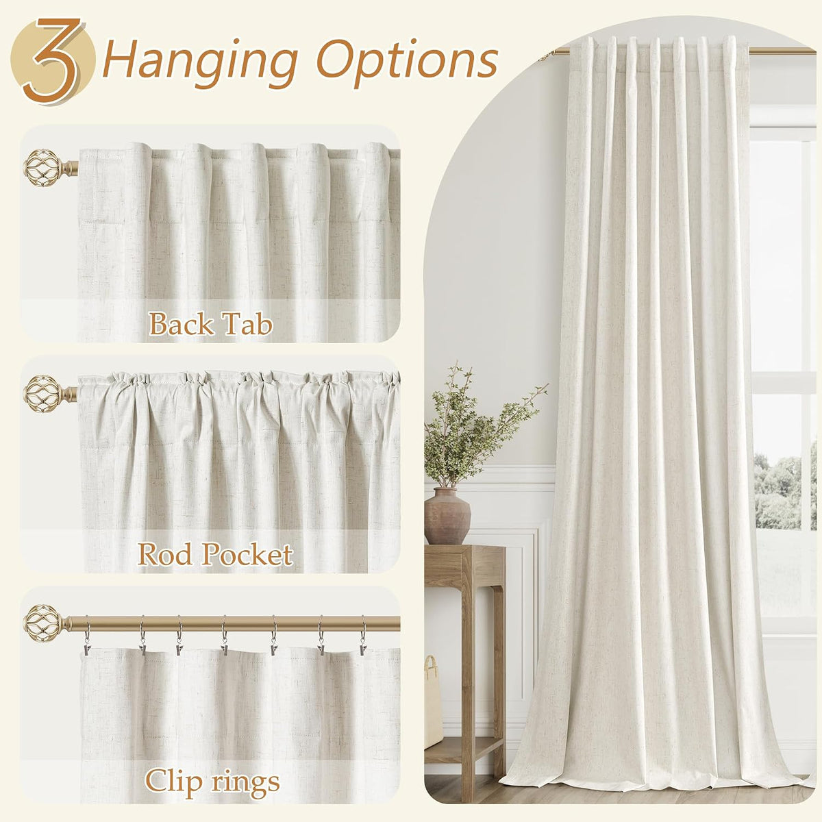Guken Cream Linen Blackout Curtains 84 Inch Length 2 Panels Set for Living Room Bedroom Back Tab Thermal Insulated 100% Black Out Drapes Room Darkening Window Curtain Ivory Natural Beige