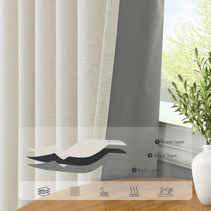 100% Blackout Curtains 84 Inch Length 2 Panels Set Neutral Boho Linen Farmhouse for Bedroom Windows Living Room Darkening Thermal Insulated Drapes Natural Cream Ivory 7ft Long Back Tab Pleated Pocket