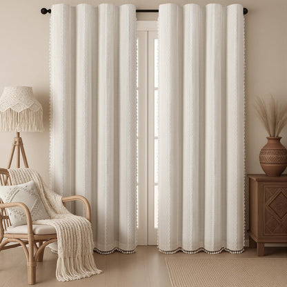 Boho 100% Blackout Curtains 84 Inch 2 Panels Linen Blend Beige
