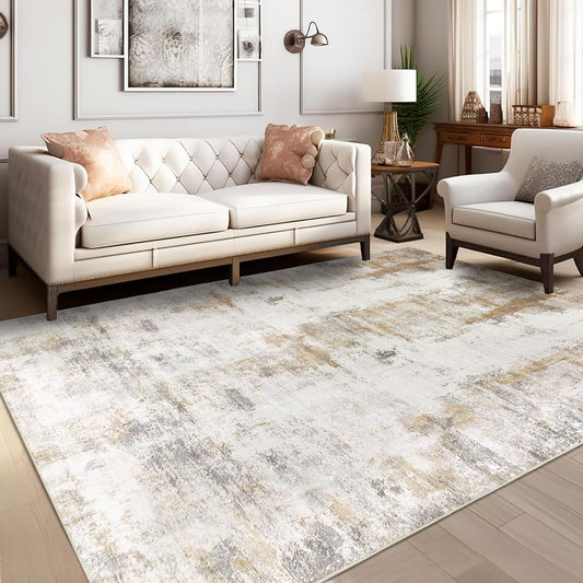 famibay 5x8 Area Rug, Abstract Washable Rugs for Living Room Low Pile Neutral Area Rug for Bedroom Aesthetic Non Slip Rubber Backed Carpet Rugs for Living Room Bedroom Dining Room(Beige/Camel)