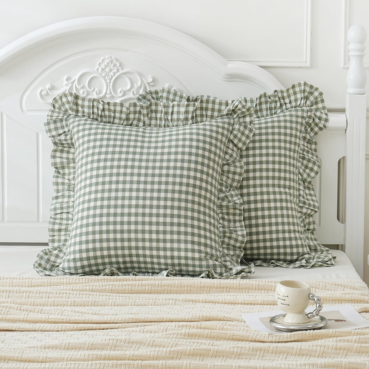 14x36 inches Sage Green Plaid Ruffle Lumbar Pillow Sham 1 Piece