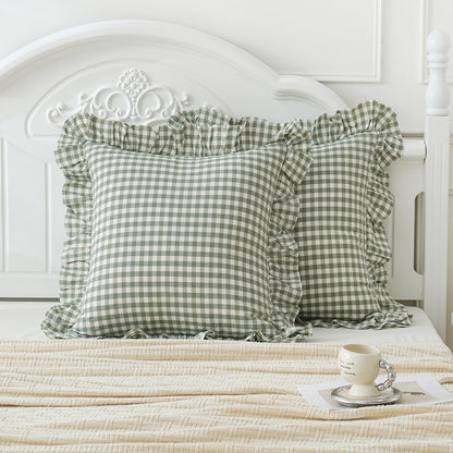 14x36 inches Sage Green Plaid Ruffle Lumbar Pillow Sham 1 Piece