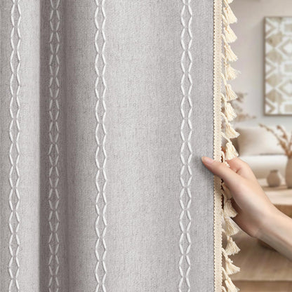 Boho 100% Blackout Curtains 84 Inch 2 Panels Linen Blend Beige