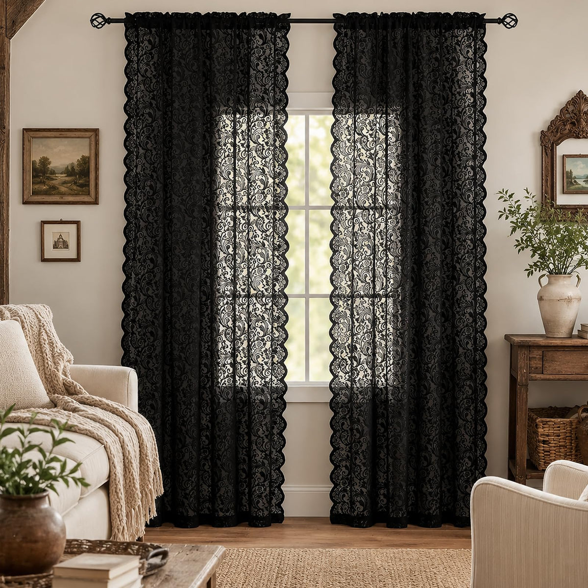 ALIGOGO Black Lace Curtains for Living Room, Gothic Decor, 52W x 84L Inch