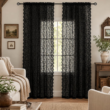 ALIGOGO Black Lace Curtains for Living Room, Gothic Decor, 52W x 84L Inch