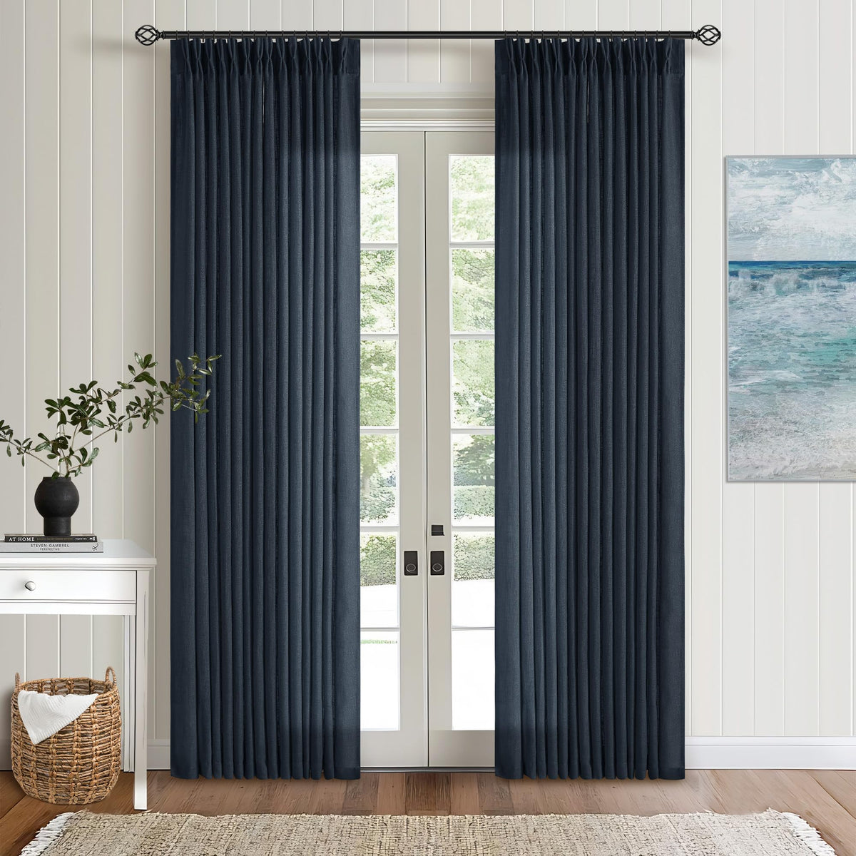 TWODRAPES Natural Pinch Pleated Linen Semi Sheer 84 Inch Curtains 2 Panels