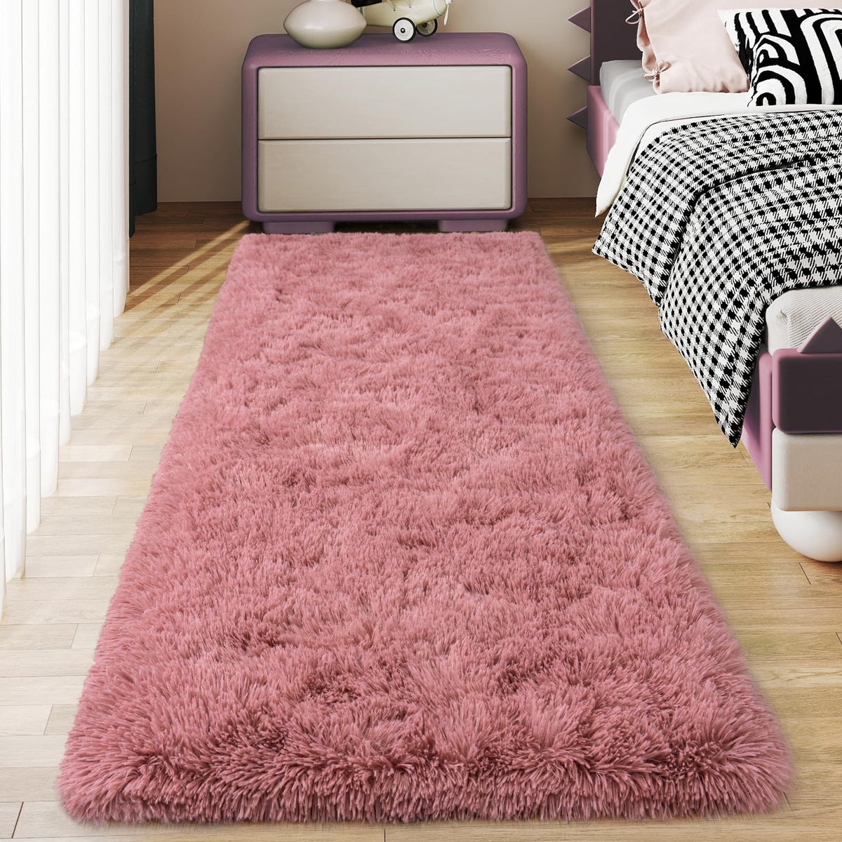 Ultra Soft Runner Rugs for Bedroom Hallways with Upgraded Non-Slip Rubber Backing & Thick Memory Sponge, 2x6 Feet Fluffy Shag Throw Area Rug for Bedside Dorm Dark Grey