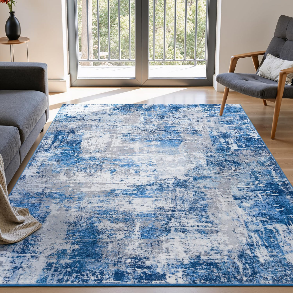 Rugflix 8x10 Area Rug for Living Room, Washable Navy Blue Dark Black Carpet