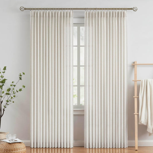 Vision Home Natural Linen Pinch Pleated Semi Sheer Curtains 42Wx90Lx2