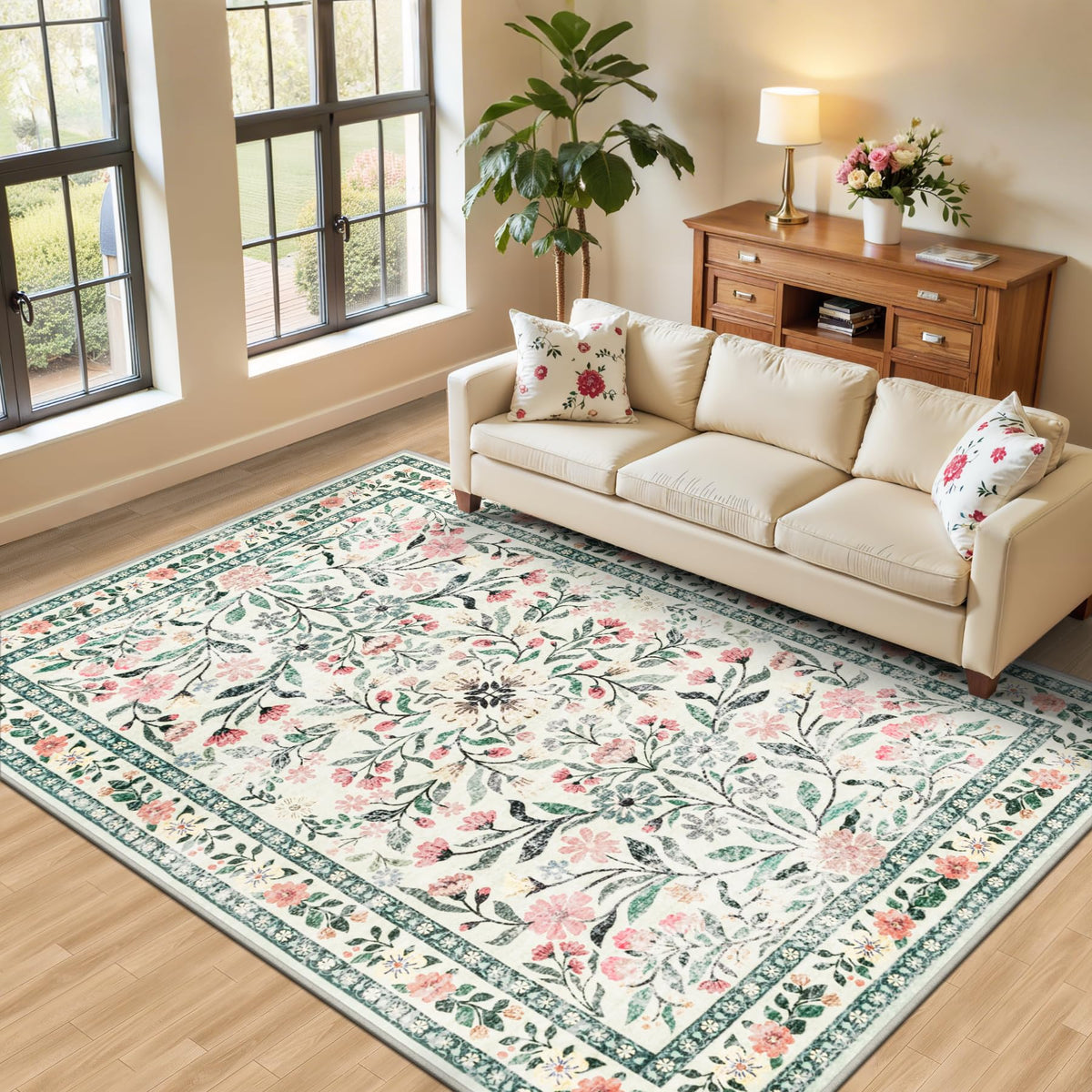 PLHXFR 8x10 Area Rug Living Room: Floral Washable Boho Carpet Dark Green