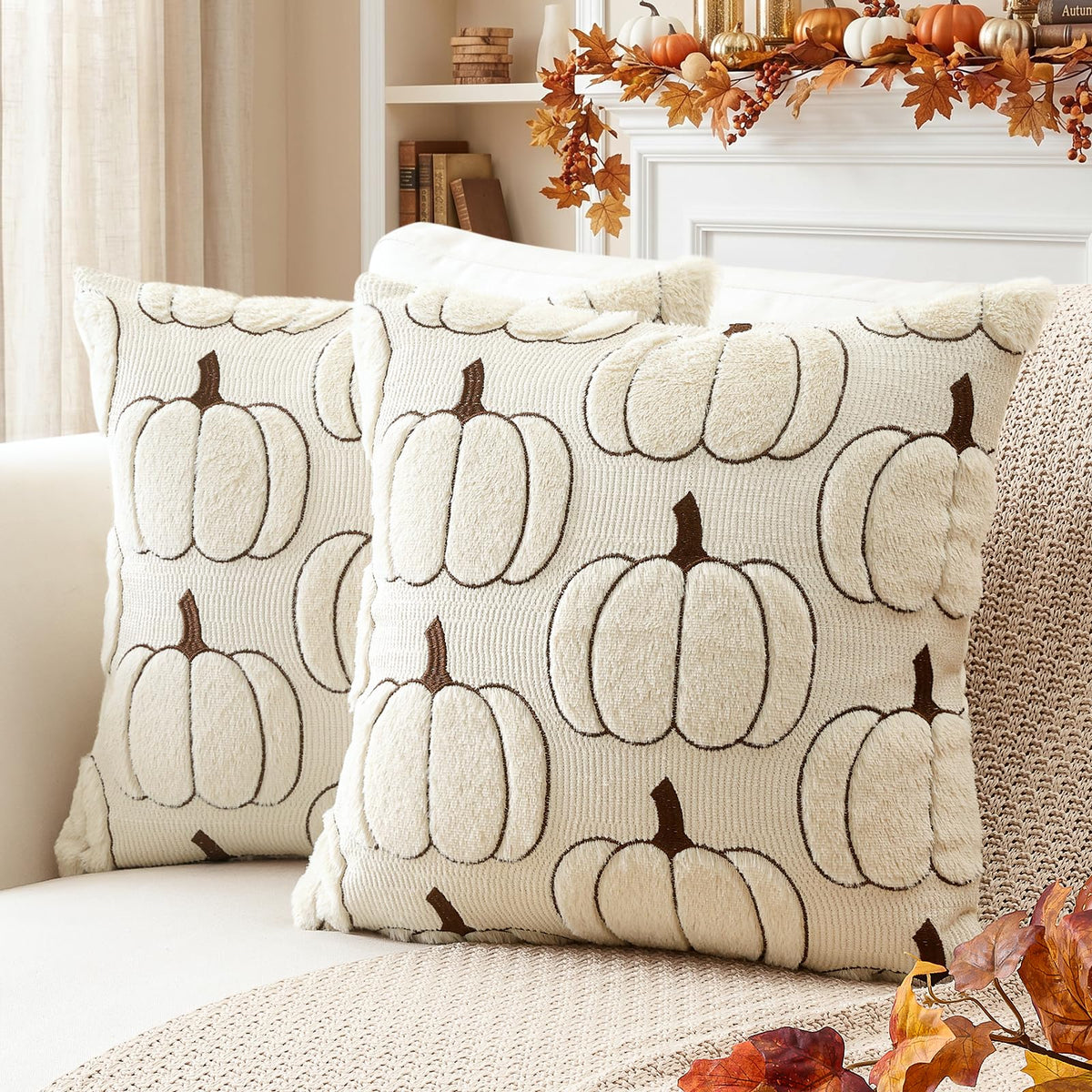 Artscope Fall Pumpkin Throw Pillow Covers 18x18 Set of 2, Autumn Soft Plush Faux Fur Decoration Cushion Covers for Thanksgiving & Halloween Couch Sofa Bedroom Home Decor-Rust
