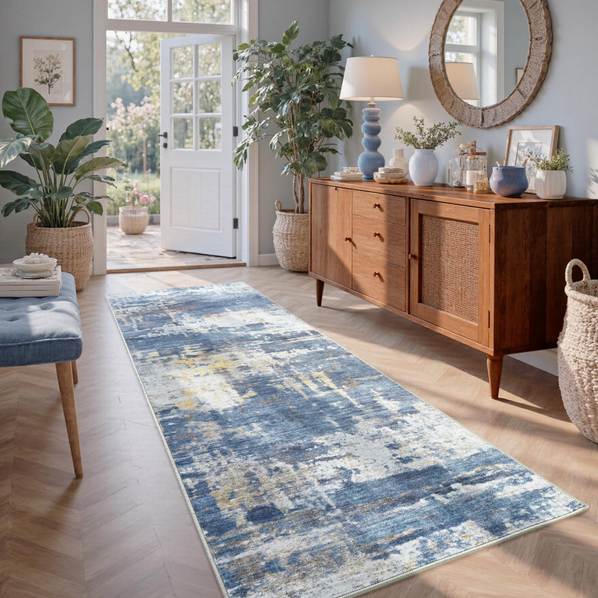 6x9 Ft Abstract Washable Area Rugs for Living Room Blue