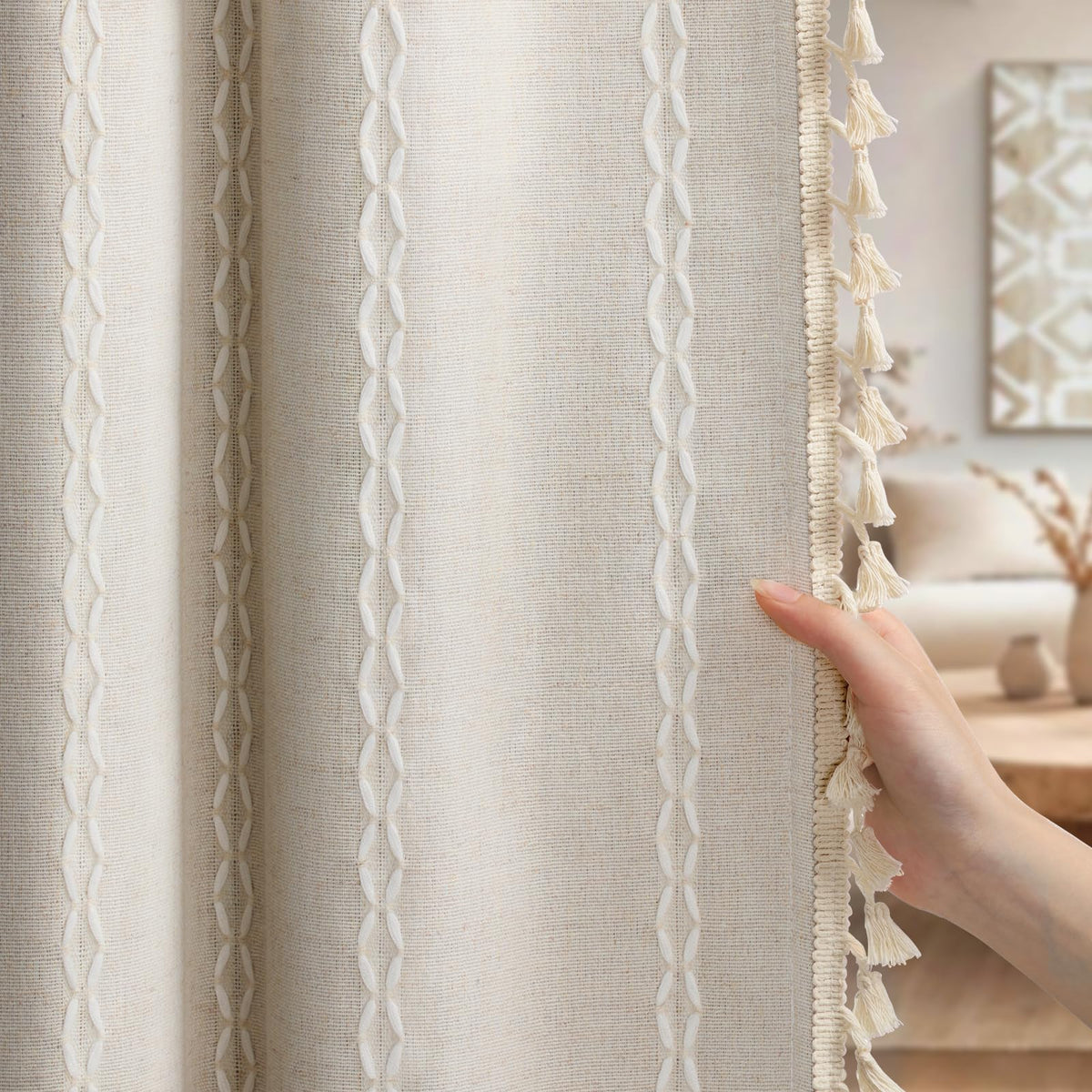 Boho 100% Blackout Curtains 84 Inch 2 Panels Linen Blend Beige