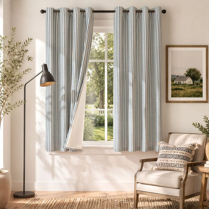 Vangao Linen Curtains for Living Room, Striped Blue Curtains 84L, 2 Panels