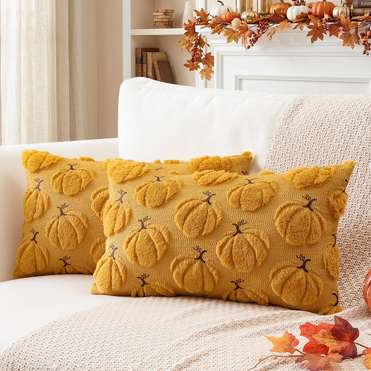 Artscope Fall Pumpkin Throw Pillow Covers 18x18 Set of 2, Autumn Soft Plush Faux Fur Decoration Cushion Covers for Thanksgiving Holiday Couch Sofa Bedroom Home Decor-Mustard Yellow