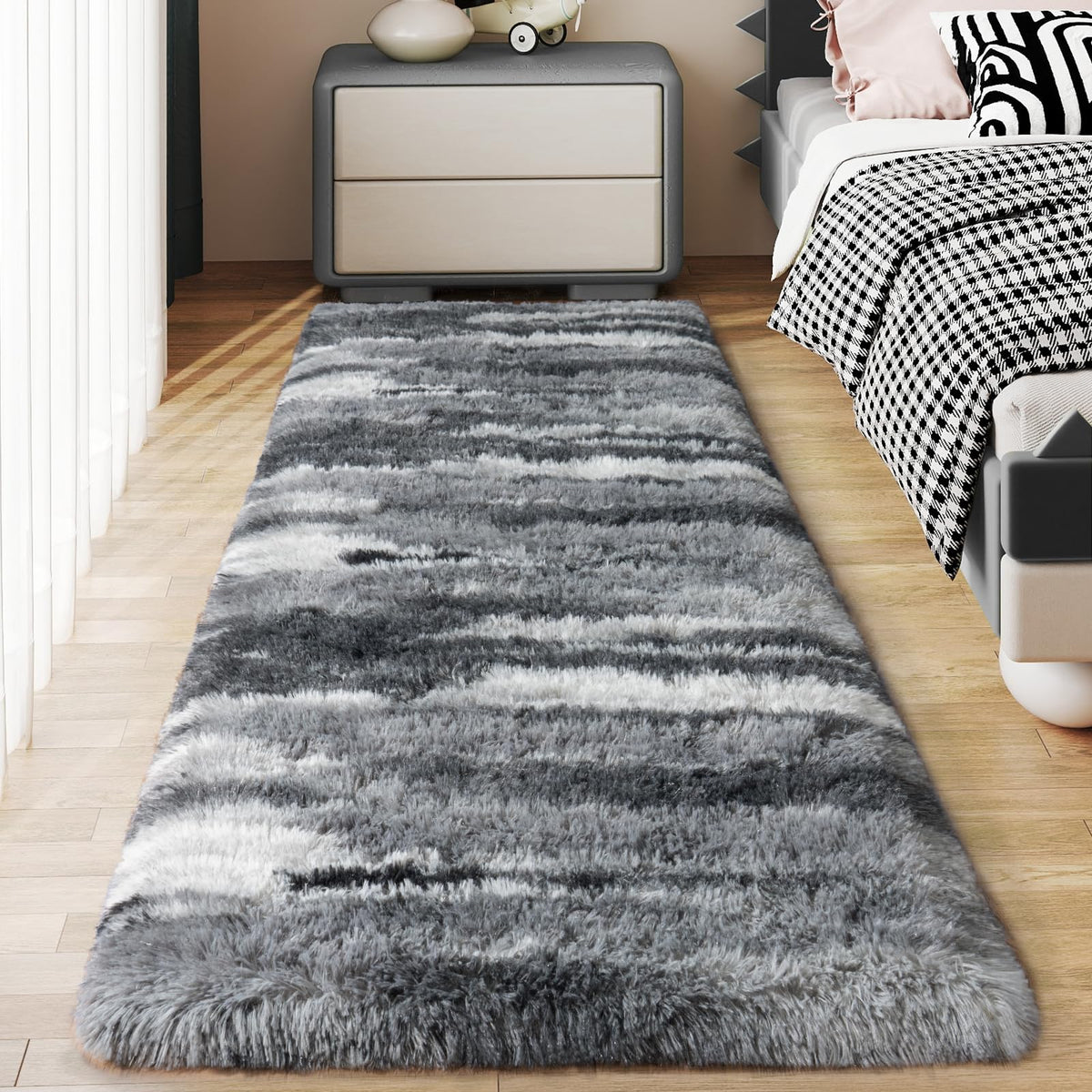 Ultra Soft Runner Rugs for Bedroom Hallways with Upgraded Non-Slip Rubber Backing & Thick Memory Sponge, 2x6 Feet Fluffy Shag Throw Area Rug for Bedside Dorm Dark Grey