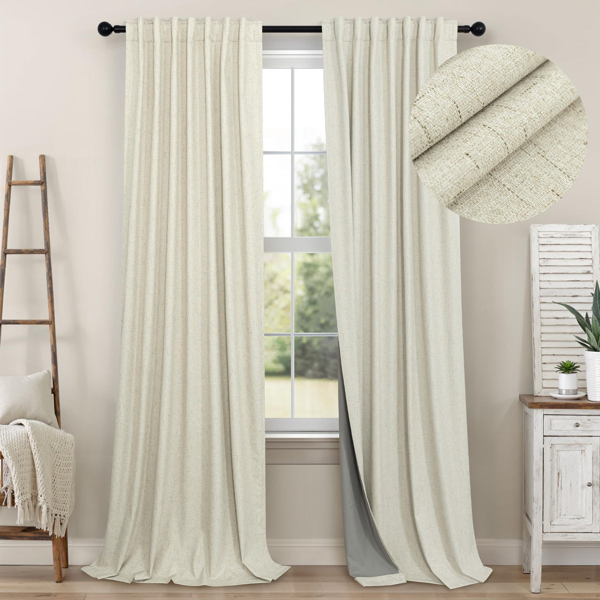 100% Blackout Curtains 84 Inch Length 2 Panels Set Neutral Boho Linen Farmhouse for Bedroom Windows Living Room Darkening Thermal Insulated Drapes Natural Cream Ivory 7ft Long Back Tab Pleated Pocket