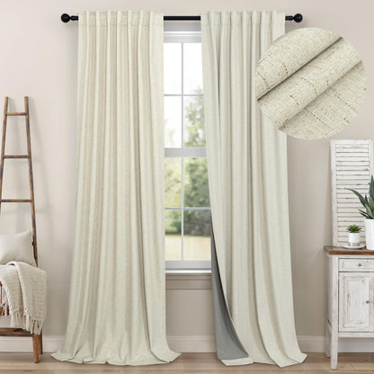 100% Blackout Curtains 84 Inch Length 2 Panels Set Neutral Boho Linen Farmhouse for Bedroom Windows Living Room Darkening Thermal Insulated Drapes Natural Cream Ivory 7ft Long Back Tab Pleated Pocket