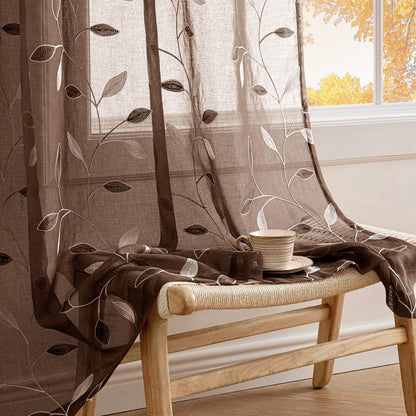 MIULEE Sage Green Sheer Curtains 2 Panels Leaf Patterned, W52 x L84