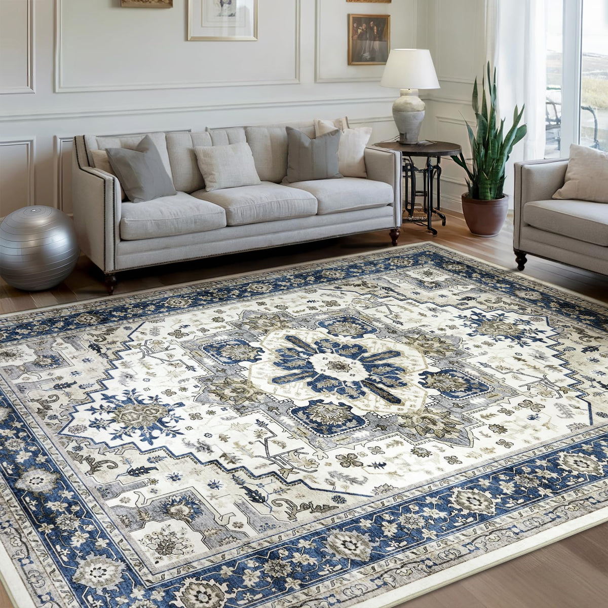 Washable Area Rug for Living Room: 9x12 Modern Abstract Neutral Soft Rug for Bedroom Dining Room No Slip Low Pile Carpet for Nursery Home Office - Grey/Blue