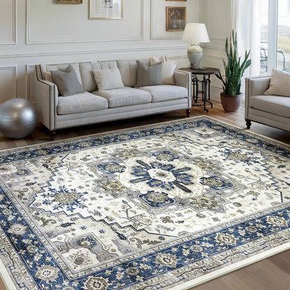 Washable Area Rug for Living Room: 9x12 Modern Abstract Neutral Soft Rug for Bedroom Dining Room No Slip Low Pile Carpet for Nursery Home Office - Grey/Blue